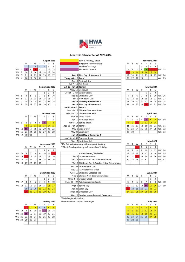 Academic Calendar &ndash; HWA International School