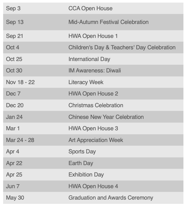 Academic Calendar &ndash; HWA International School