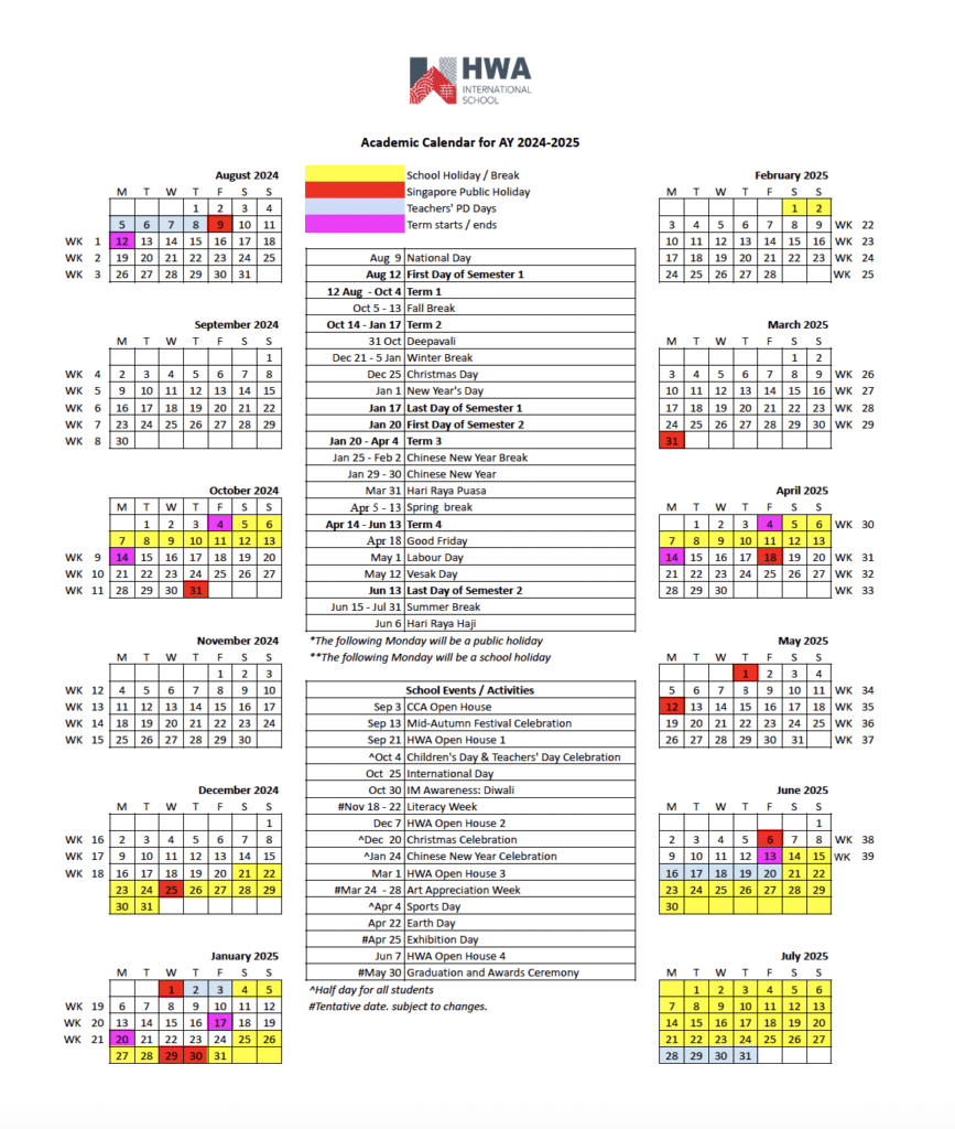 Academic Calendar &ndash; HWA International School